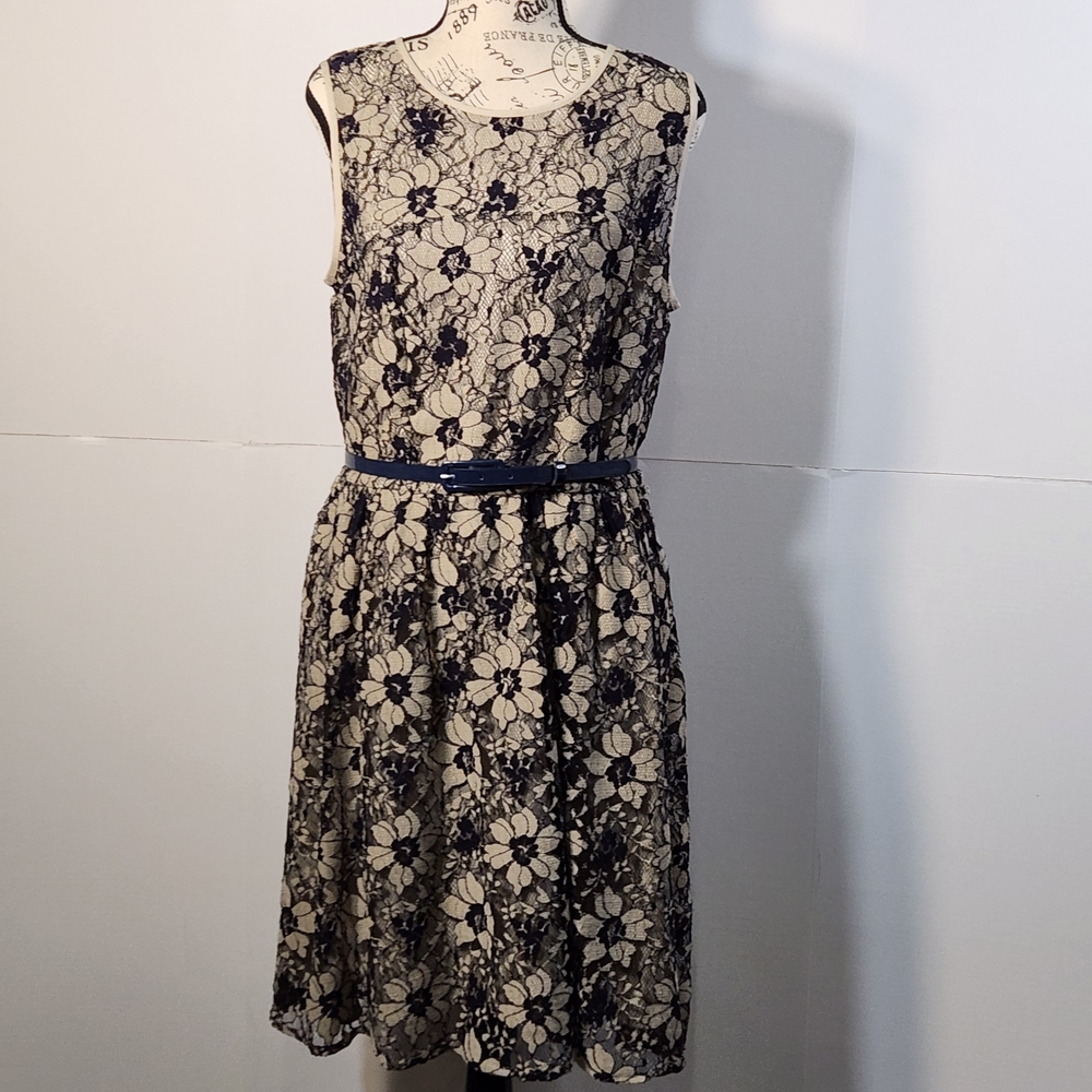 LOFT Navy and Cream Floral Lace Midi Dress